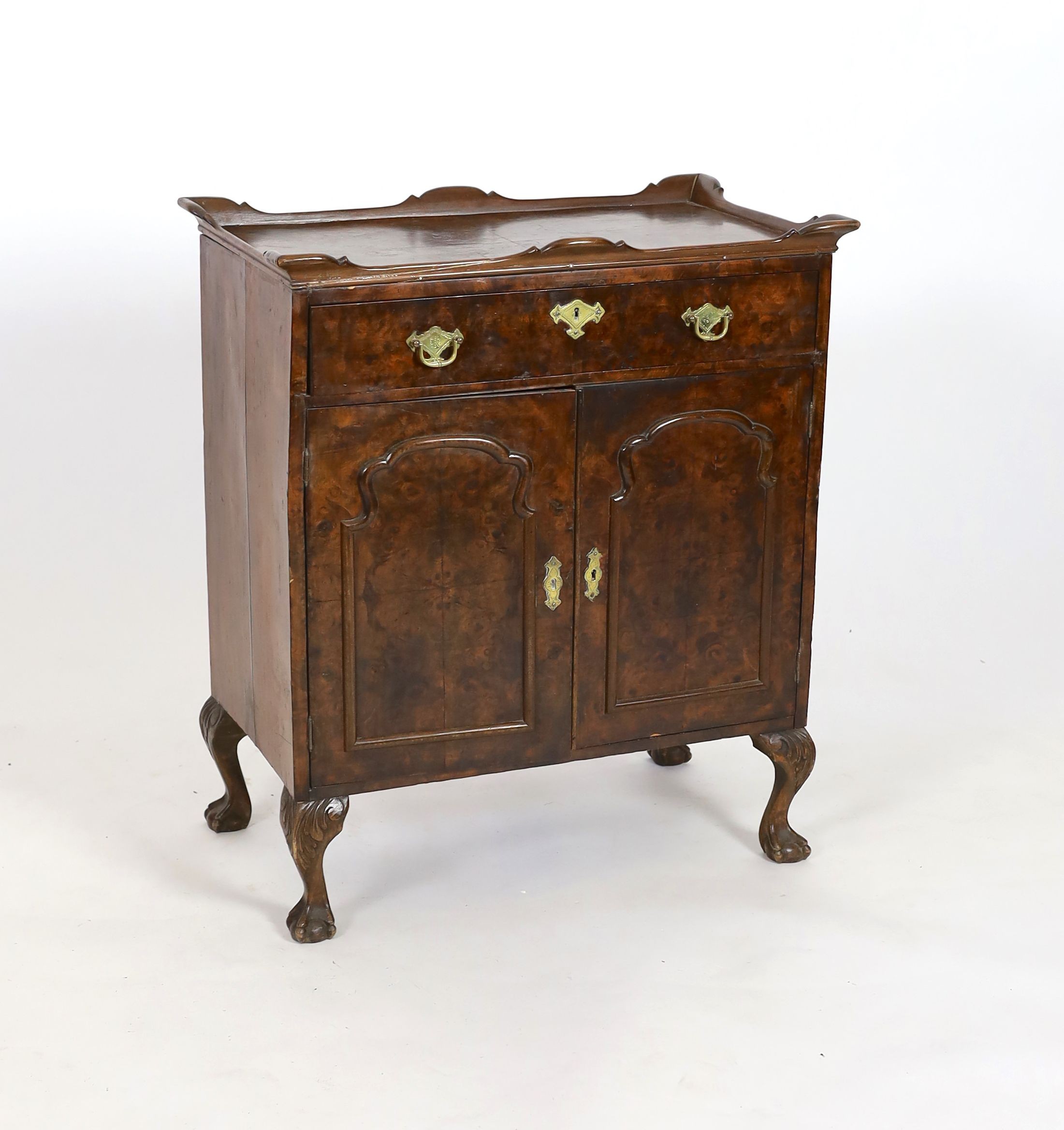 An early 20th century George I style walnut tray topped side cabinet, width 71cm depth 42cm height 82cm